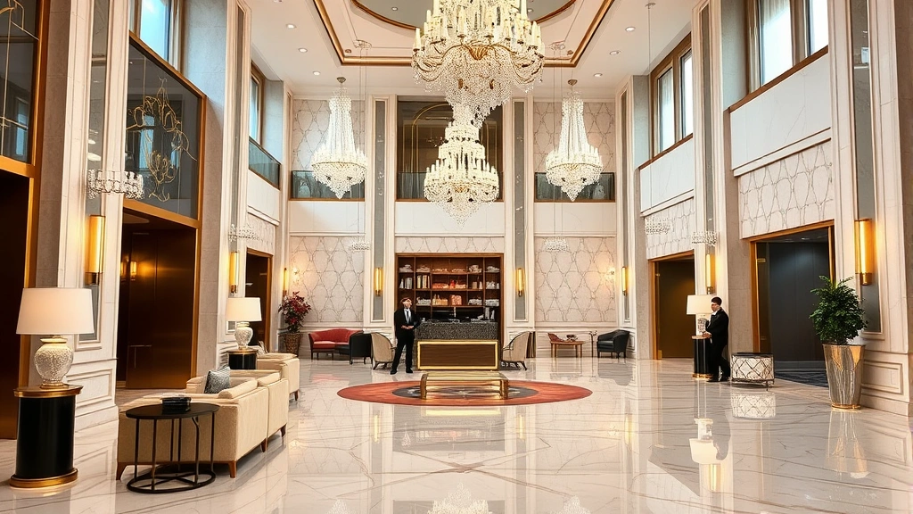 Elegant luxury hotel lobby with marble floors, crystal chandeliers, and upscale modern furnishings, professional staff at concierge desk, neutral color palette with gold accents