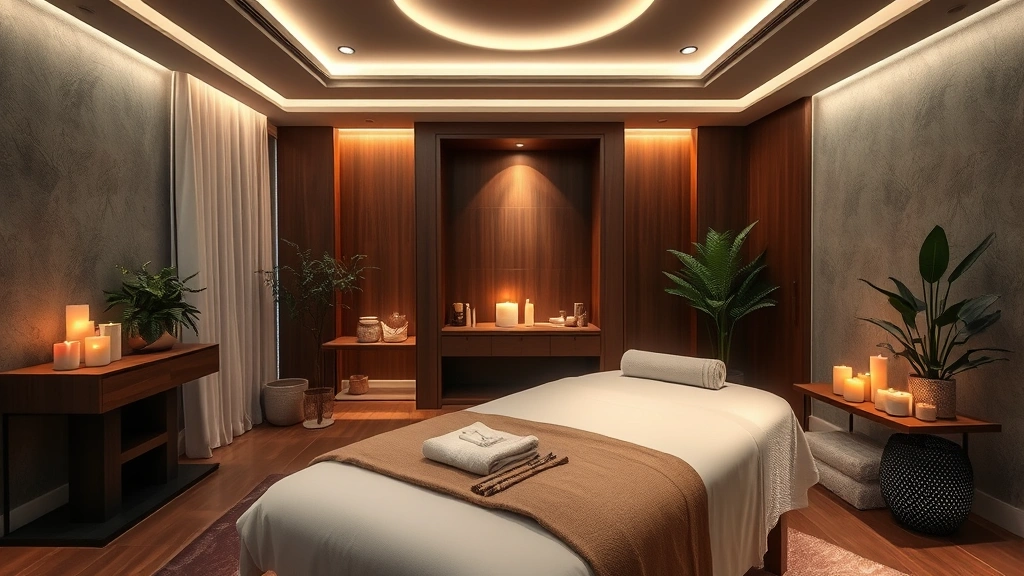 Luxurious hotel spa treatment room with ambient lighting, massage table with premium linens, wooden interior details, candles and plants creating serene wellness atmosphere