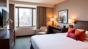 Modern boutique hotel guest room with comfortable bed, work desk, flat-screen TV, and contemporary décor, warm lighting, professional yet inviting atmosphere, Cleveland architectural elements visible through window showing downtown skyline