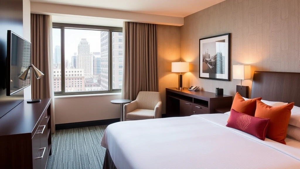 Modern boutique hotel guest room with comfortable bed, work desk, flat-screen TV, and contemporary décor, warm lighting, professional yet inviting atmosphere, Cleveland architectural elements visible through window showing downtown skyline