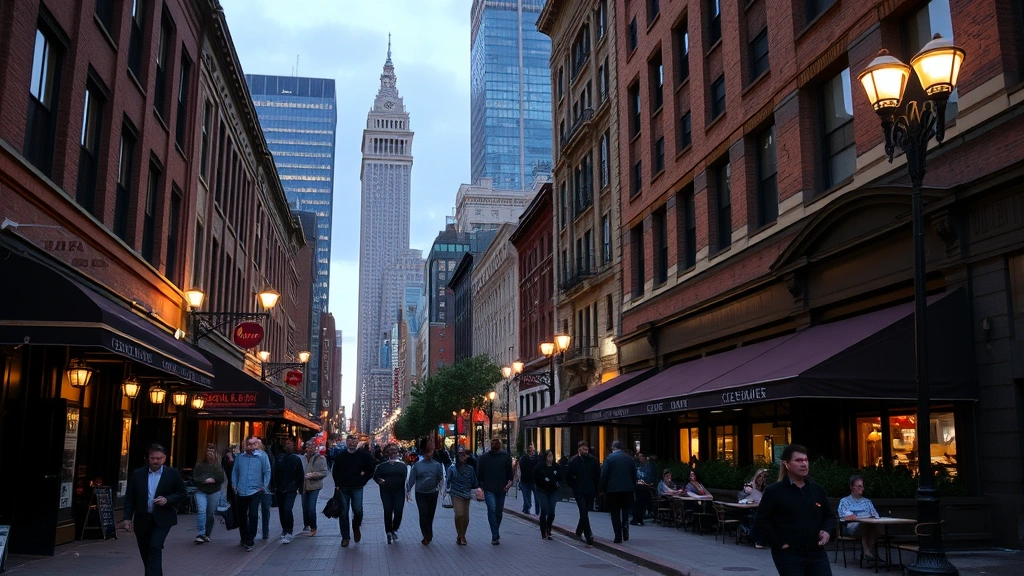 Downtown Cleveland street scene at dusk with pedestrians walking past storefronts, restaurants with outdoor seating, historic buildings mixed with modern architecture, street lamps illuminated, vibrant urban neighborhood energy