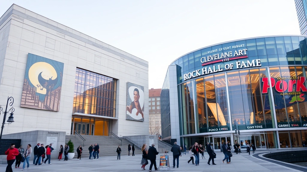 Cleveland Museum of Art or Rock and Roll Hall of Fame architectural exterior with visitors approaching entrance, clear daytime lighting, impressive building design, surrounding downtown plaza or waterfront setting, people enjoying cultural space