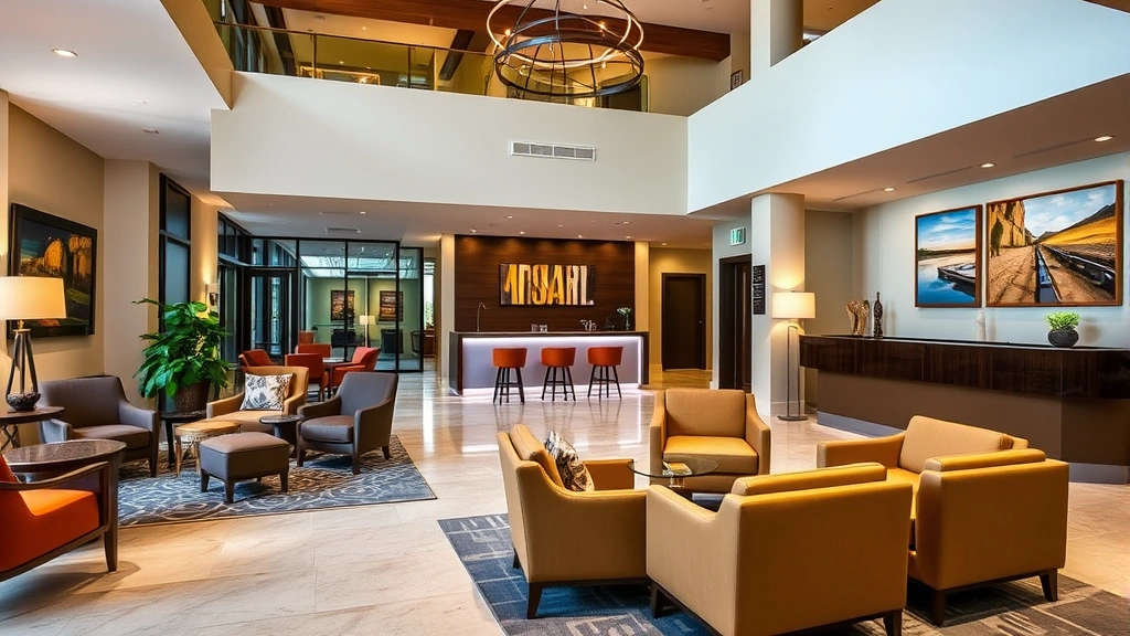 Modern boutique hotel lobby with contemporary furniture, warm lighting, and local artwork displayed on walls, showing comfortable seating areas and a welcoming reception desk