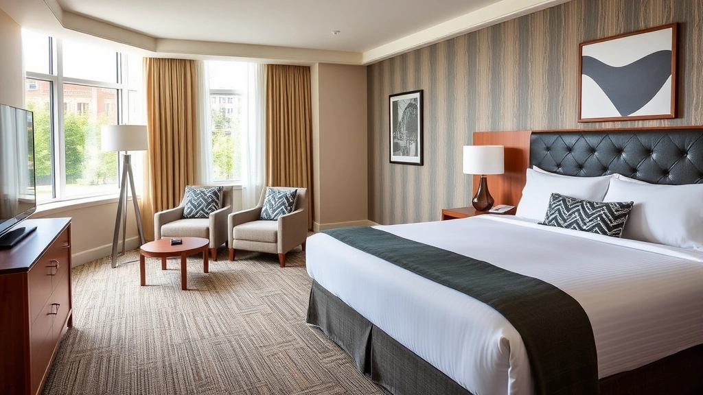 Spacious, well-appointed hotel guest room with locally-inspired decor, natural light from large windows, premium bedding, and contemporary furnishings reflecting regional design elements