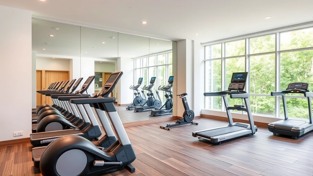 Hotel fitness center with modern exercise equipment, large mirrors, bright natural lighting, and clean contemporary design creating an inviting wellness space
