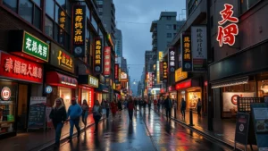 Vibrant Flushing Main Street at dusk with illuminated storefronts, diverse pedestrians walking, and neon signs reflecting on wet pavement after rain, authentic urban neighborhood atmosphere