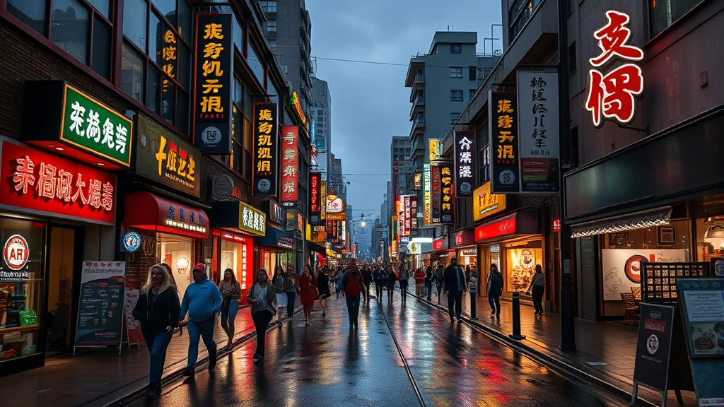 Vibrant Flushing Main Street at dusk with illuminated storefronts, diverse pedestrians walking, and neon signs reflecting on wet pavement after rain, authentic urban neighborhood atmosphere