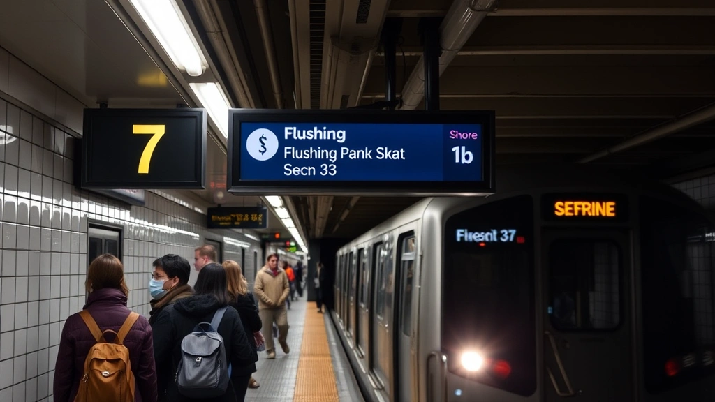Flushing subway station platform with 7 train, digital departure signs, commuters waiting, modern tile walls and fluorescent lighting, busy transit hub during evening hours