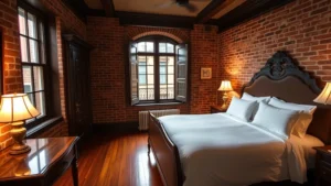 A cozy boutique hotel bedroom with exposed brick walls, original hardwood floors, ornate period molding, vintage-style bedframe with white linens, warm ambient lighting from bedside lamps, and a small balcony or window showing French Quarter architecture beyond