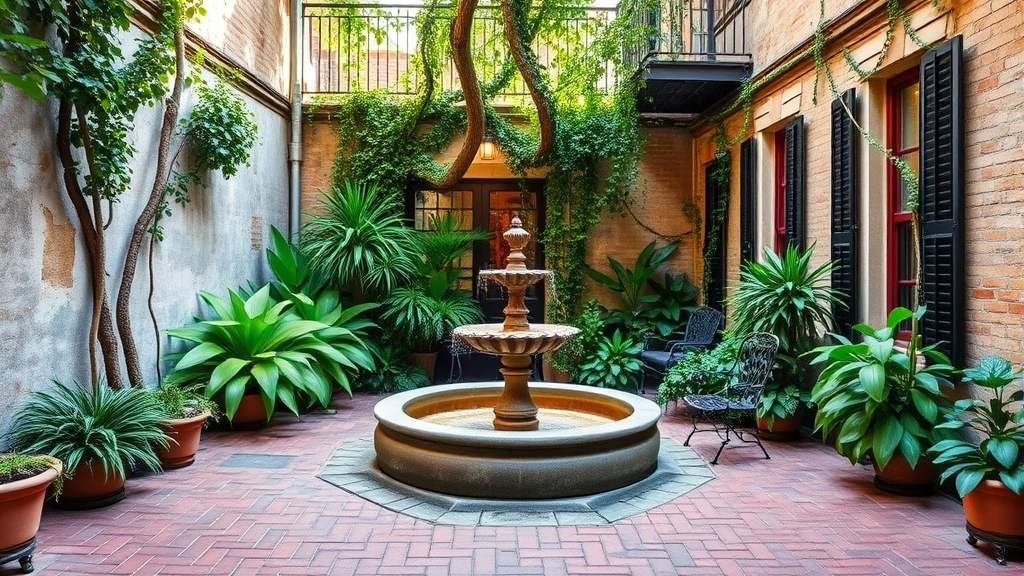 A serene French Quarter hotel courtyard featuring original brick paving, antique stone fountain in center, lush green plants and flowering vines against weathered walls, wrought iron chairs and small table, soft dappled sunlight through foliage, peaceful retreat atmosphere