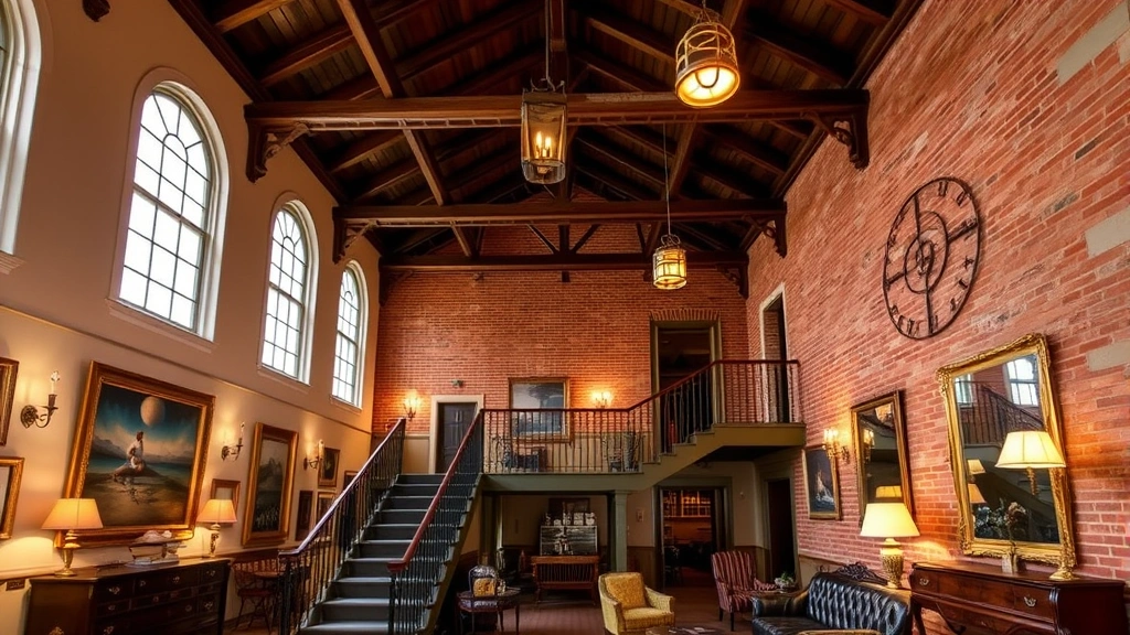 An elegant French Quarter hotel lobby with high ceilings, exposed cypress beams, original brick walls, wrought iron railings on staircase, local artwork on walls, vintage mirrors and period furnishings, warm lighting from brass fixtures, inviting and historic ambiance
