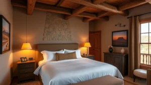 Upscale hotel room with Southwestern décor featuring exposed wooden beams, stone accents, comfortable bed with quality linens, warm lighting, and regional artwork on walls, photorealistic interior design