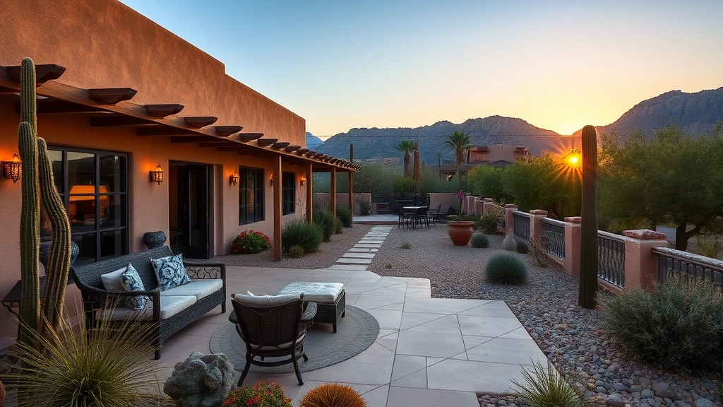 Desert landscape outdoor courtyard or patio area of boutique hotel with comfortable seating, regional plants, sunset lighting, and mountains in background, peaceful hospitality setting