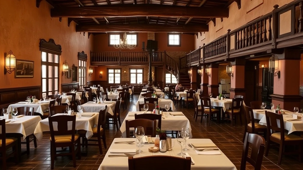 Historic hotel dining room or restaurant interior with Southwestern architectural elements, warm ambiance, set tables ready for service, wooden details, and regional aesthetic without visible text or signage