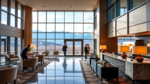 Modern hotel lobby with mountain views through large windows, contemporary furniture, warm lighting, guests checking in at marble reception desk, Gatlinburg mountain landscape visible outside