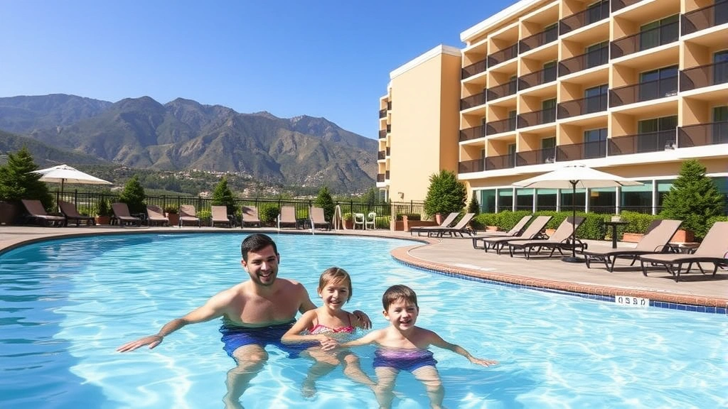 Family enjoying hotel pool area with surrounding mountains, children playing in water, lounge chairs nearby, mountain scenery in background, sunny day with clear skies