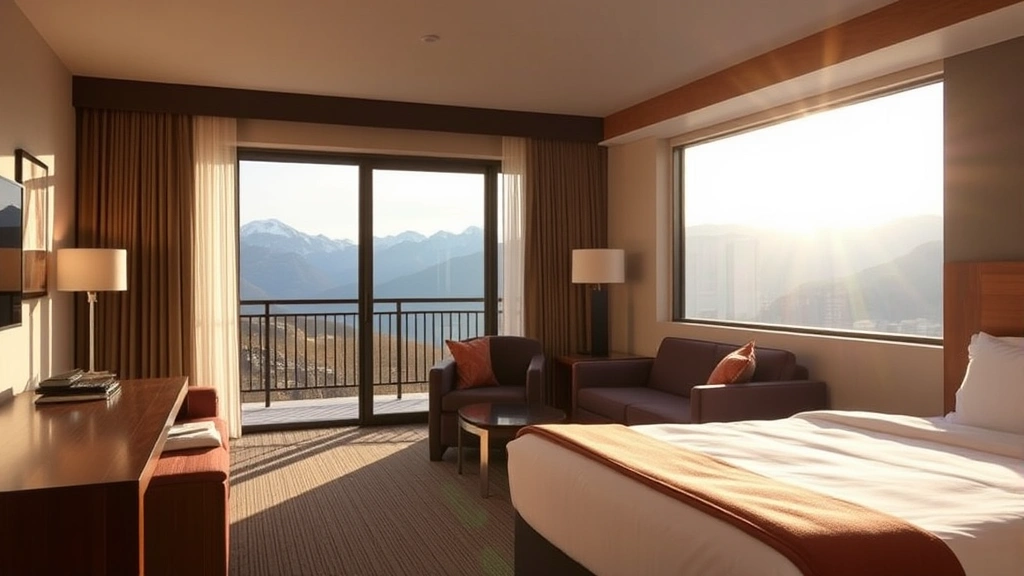 Hotel room with mountain view balcony, comfortable furnishings, natural daylight streaming in, mountain peaks visible through glass doors, modern decor with warm tones