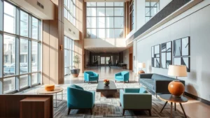 Modern hotel lobby with contemporary seating and natural light, clean minimalist design, welcoming atmosphere, no people visible, Atlanta urban hotel interior