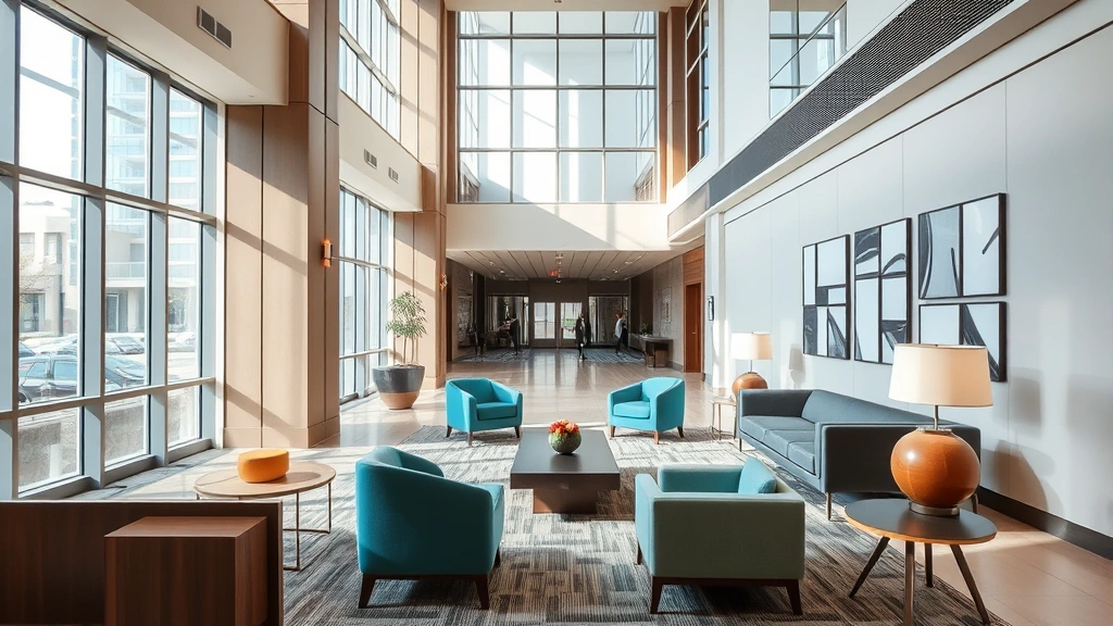 Modern hotel lobby with contemporary seating and natural light, clean minimalist design, welcoming atmosphere, no people visible, Atlanta urban hotel interior