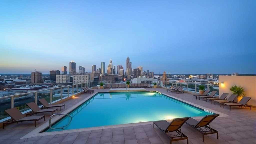 Hotel rooftop pool area with lounge chairs, city skyline views of Atlanta in background, daytime lighting, resort-style amenities, no identifying text or signage