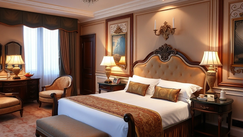 Luxurious hotel bedroom with antique-style furniture, ornate bed frame, elegant bedside lamps, period-appropriate decor, soft ambient lighting, serene and sophisticated atmosphere, no identifying marks or text visible