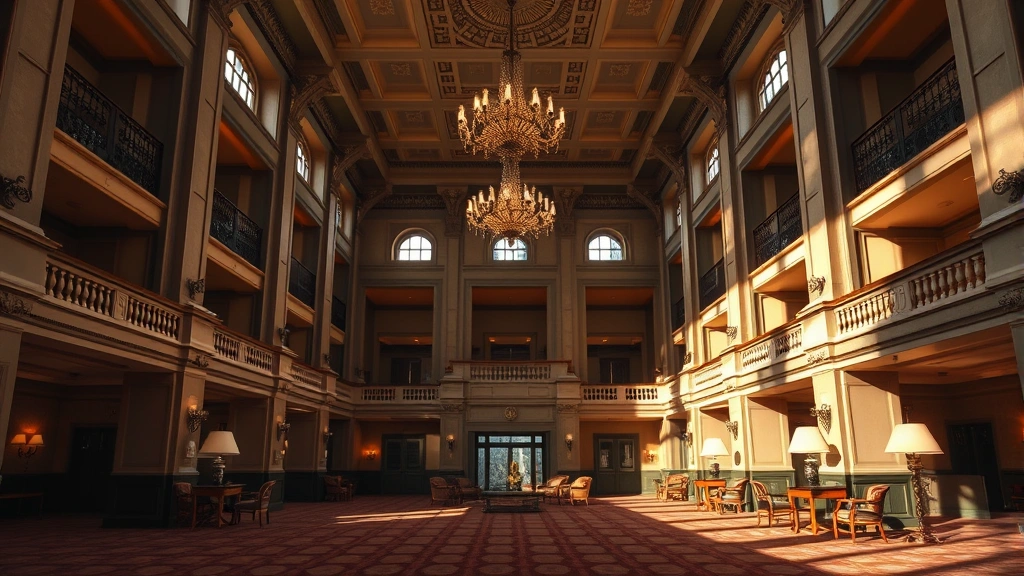 Grand hotel lobby with high ceilings, historic architectural elements, chandelier, period furnishings, warm lighting casting interesting shadows, empty seating areas, no visible text, signage, or identifying information