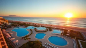 Luxurious beachfront resort in Gran Canaria with multiple swimming pools, lounge chairs, and ocean view during golden hour sunset