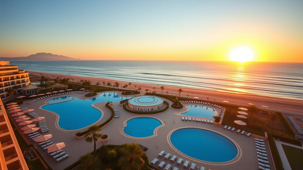 Luxurious beachfront resort in Gran Canaria with multiple swimming pools, lounge chairs, and ocean view during golden hour sunset