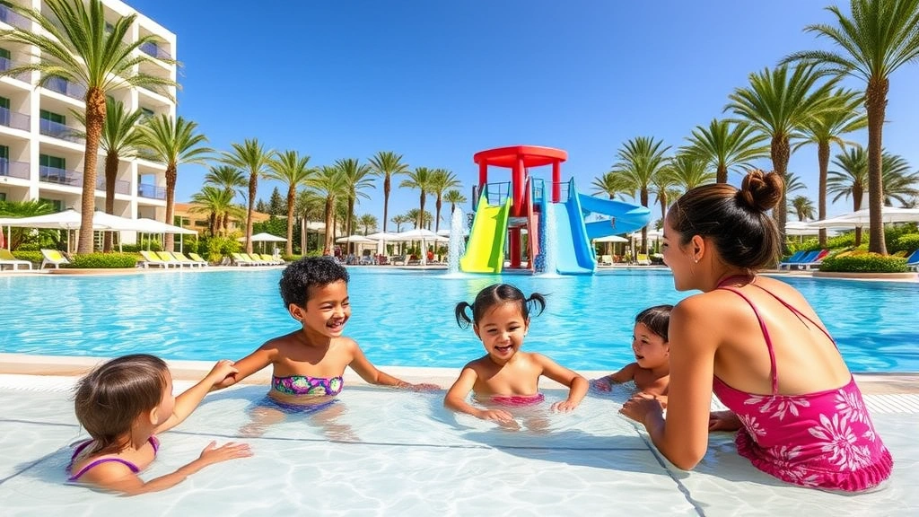 Family enjoying activities at a mid-range Gran Canaria hotel with kids' pool area, water slide, and palm-lined grounds