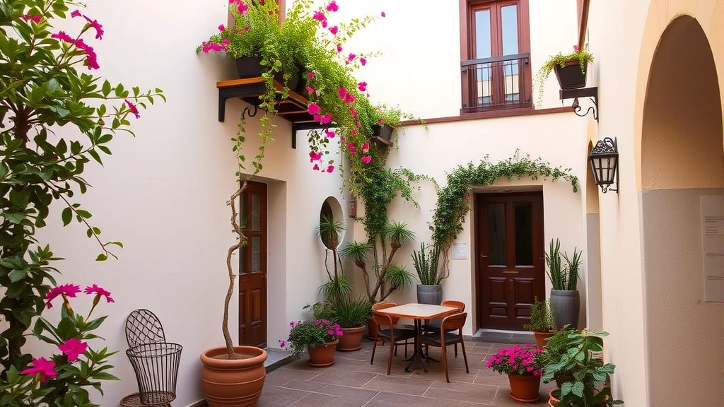 Charming boutique hotel courtyard in Gran Canaria featuring local architecture, flowering plants, and traditional Spanish design elements