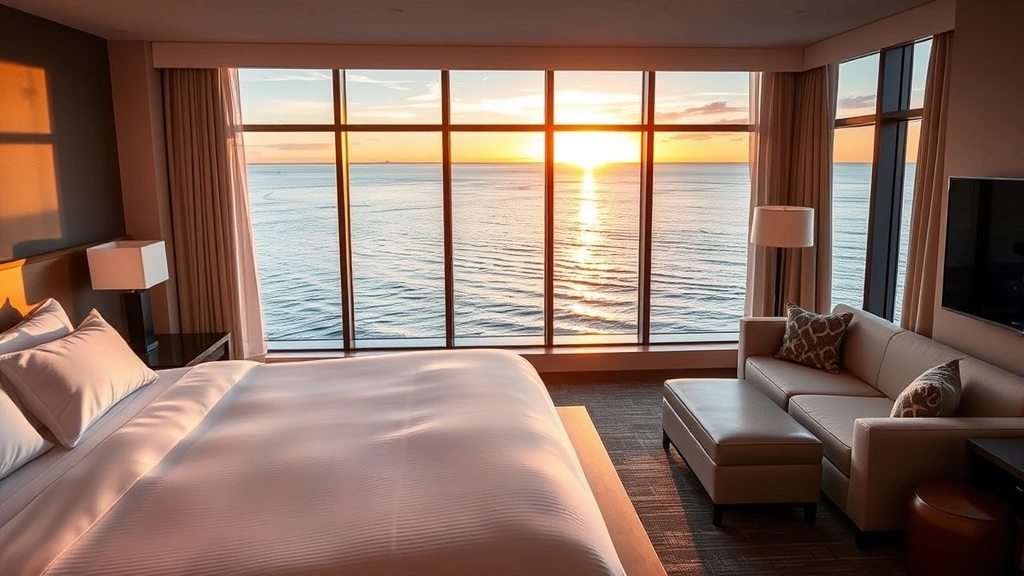 Waterfront luxury hotel room with large windows overlooking calm Lake Superior waters during golden hour sunset, modern furnishings, clean white bedding, cozy seating area