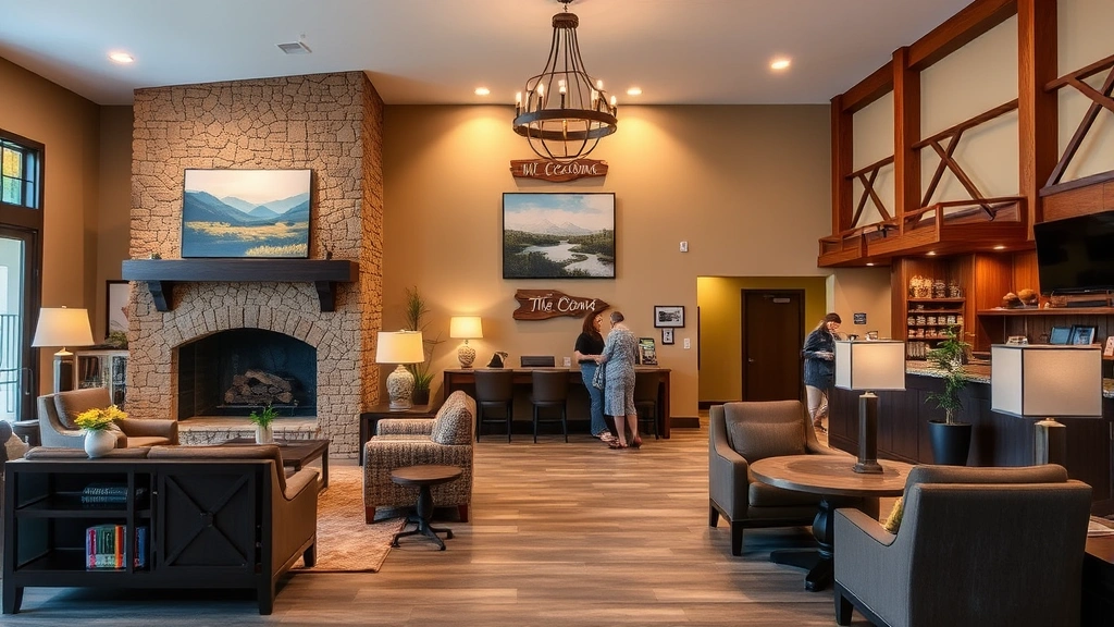 Welcoming hotel lobby with stone fireplace, comfortable seating, local artwork on walls, warm lighting, guests checking in at front desk, rustic-modern design aesthetic