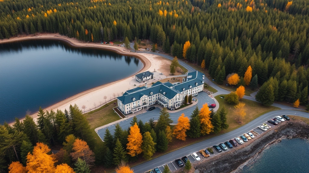 Aerial view of lakeside hotel property nestled among pine trees with private beach access, manicured grounds, parking areas, surrounding forested landscape during autumn with golden foliage