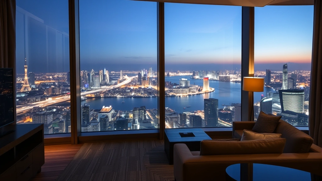 Luxurious modern hotel room with floor-to-ceiling windows overlooking Tokyo Bay at night, city lights reflecting on water, contemporary furnishings and comfortable seating area visible