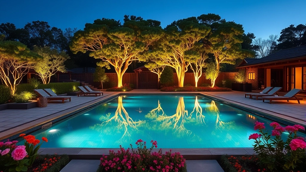 Elegant outdoor swimming pool surrounded by manicured Japanese gardens with seasonal flowers, traditional landscaping, modern pool loungers, illuminated trees in background