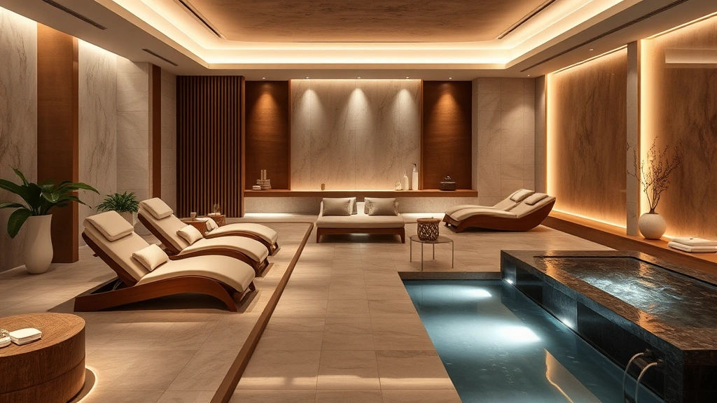 Upscale hotel spa and wellness center interior with massage chairs, soft ambient lighting, natural materials, calming water features, peaceful serene atmosphere