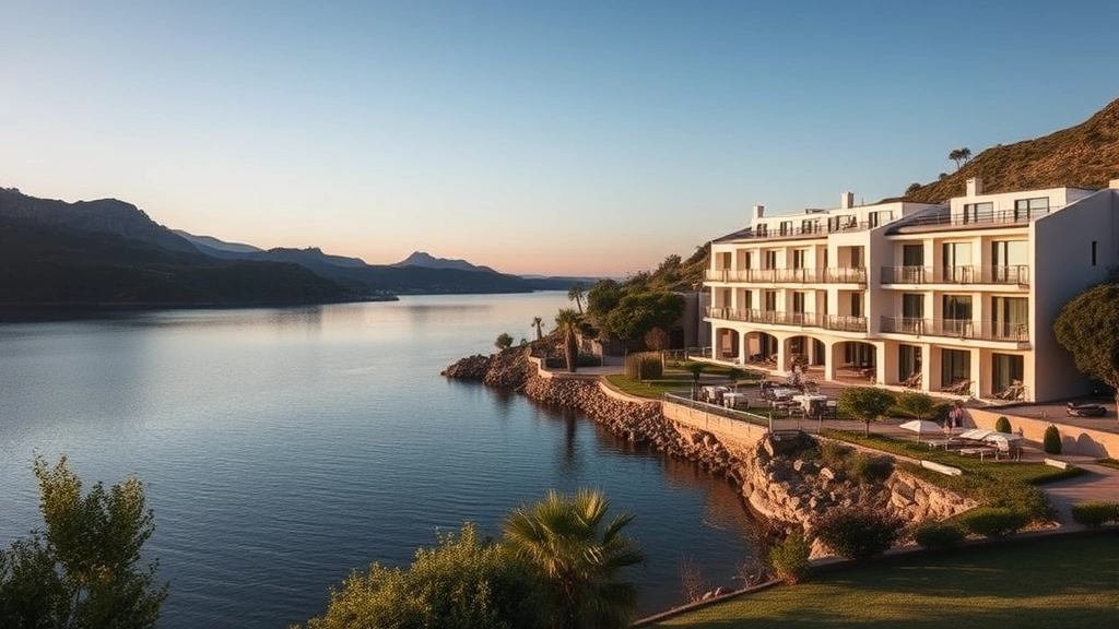 Serene lakeside hotel exterior with modern architecture overlooking calm volcanic lake waters, Mediterranean landscape, afternoon light, peaceful residential setting