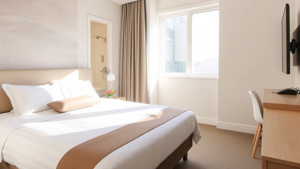 Bright hotel room interior with comfortable bed, neutral decor, functional bathroom visible, natural window light, clean minimalist design, welcoming ambiance
