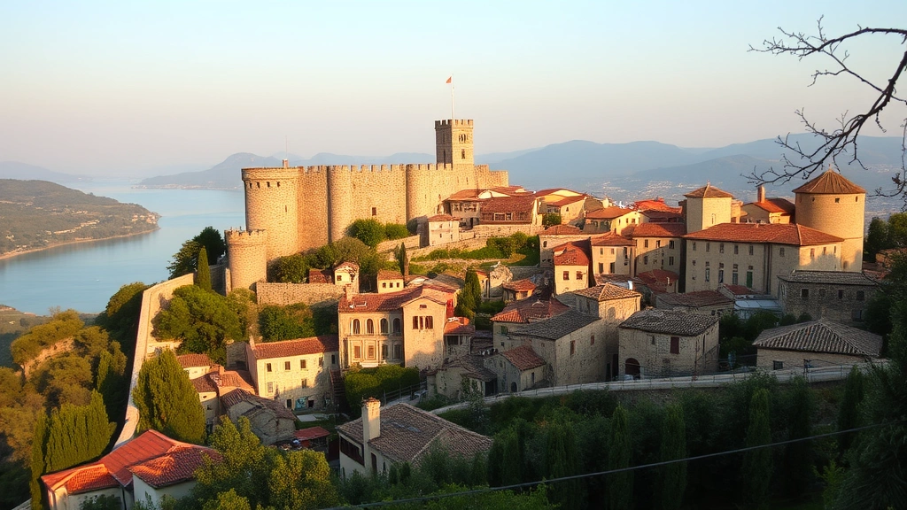 Scenic view of medieval Italian town with historic fortress, stone buildings, and lake in background, peaceful European countryside landscape, golden hour lighting