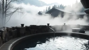 Serene Japanese hot spring onsen surrounded by natural stone walls and mountain forest landscape in early morning mist, traditional wooden architecture visible in background, steam rising from mineral-rich water