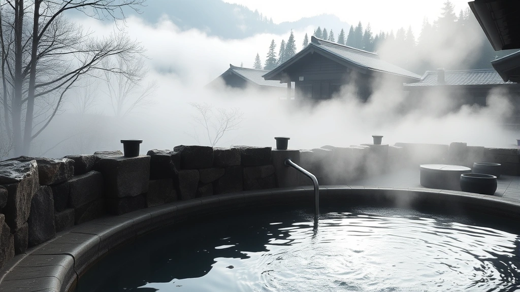 Serene Japanese hot spring onsen surrounded by natural stone walls and mountain forest landscape in early morning mist, traditional wooden architecture visible in background, steam rising from mineral-rich water