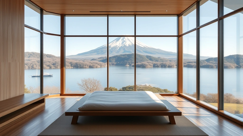 Modern luxury hotel room with panoramic floor-to-ceiling windows overlooking Mount Fuji and Lake Ashi, contemporary Japanese design with low platform bed, natural wood elements, and minimalist aesthetic