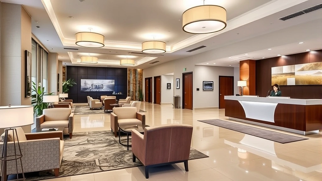 Contemporary hotel lobby with comfortable seating areas, modern lighting fixtures, polished flooring, business center desk, and welcoming front desk area with professional staff