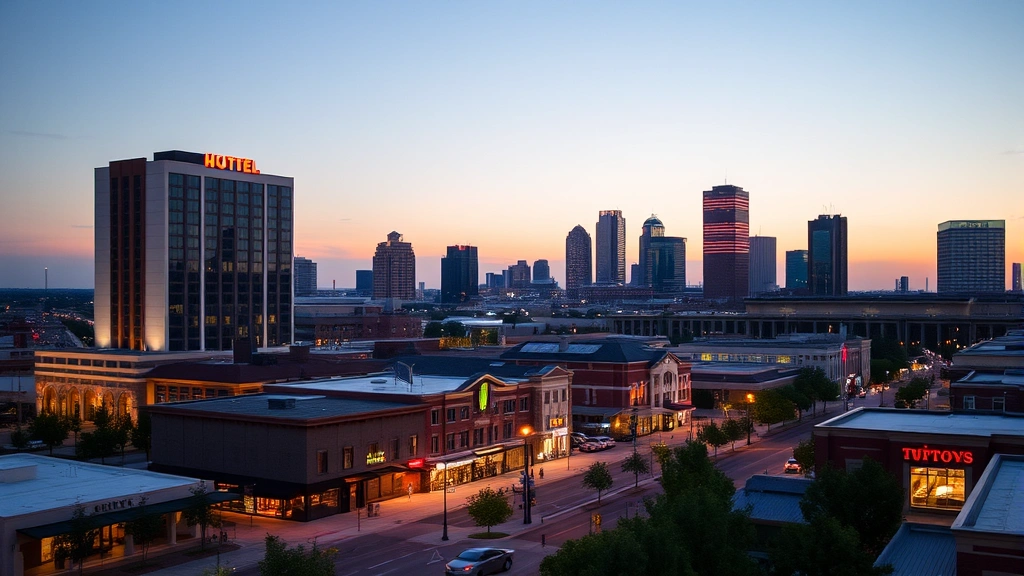 Frisco skyline at dusk showing mixed-use development with hotel building, retail establishments, restaurants, and street-level activity with ambient evening lighting
