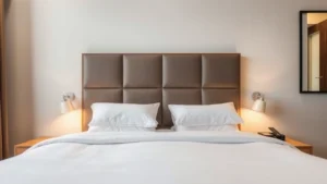 Modern hotel guest bedroom with neatly made bed, comfortable pillows, clean white linens, bedside lamps, contemporary wooden furniture, and soft warm lighting creating inviting overnight accommodation atmosphere