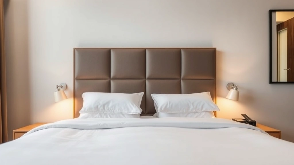Modern hotel guest bedroom with neatly made bed, comfortable pillows, clean white linens, bedside lamps, contemporary wooden furniture, and soft warm lighting creating inviting overnight accommodation atmosphere