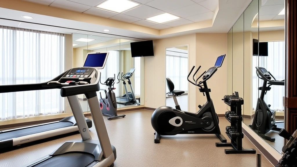 Bright hotel fitness center with treadmill, stationary bike, weight equipment, mirrors, and clean flooring, showing well-maintained exercise facility for guest wellness activities during travel stays