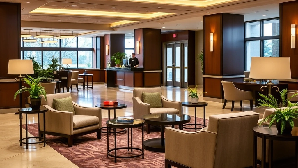 Comfortable hotel lobby lounge area with upholstered seating chairs, side tables, warm ambient lighting, plant decorations, and professional hospitality atmosphere welcoming arriving guests