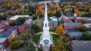 Aerial view of Hanover New Hampshire downtown green with white church steeple surrounded by historic brick buildings and tree-lined streets, autumn foliage visible in background, residential neighborhood in distance