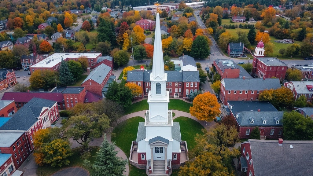 Aerial view of Hanover New Hampshire downtown green with white church steeple surrounded by historic brick buildings and tree-lined streets, autumn foliage visible in background, residential neighborhood in distance